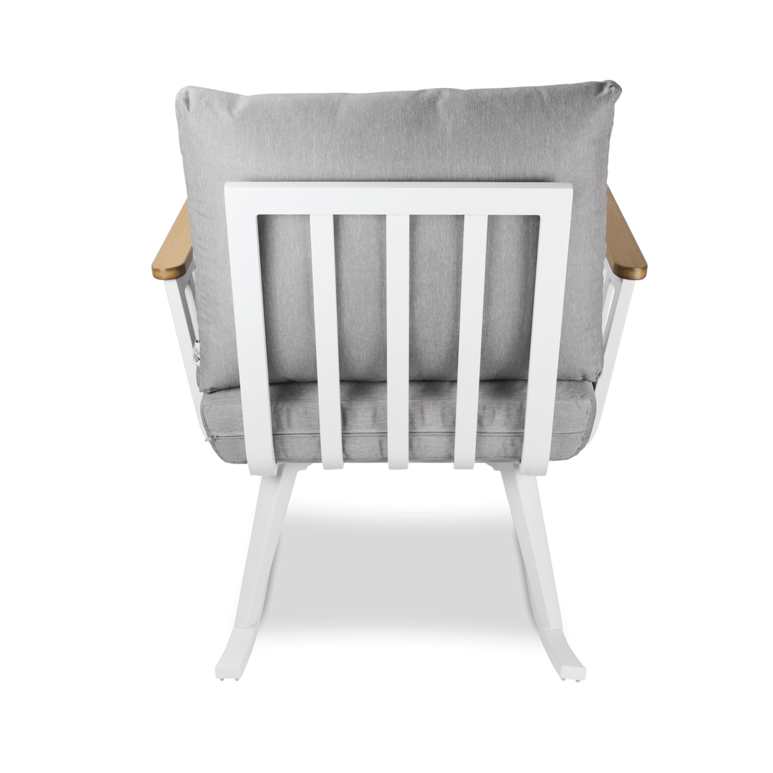 Sorrento Rocker 3pc Occasional Set in Arctic White with Polywood Teak Accent and Spuncrylic Stone Grey Cushions - The Furniture Shack