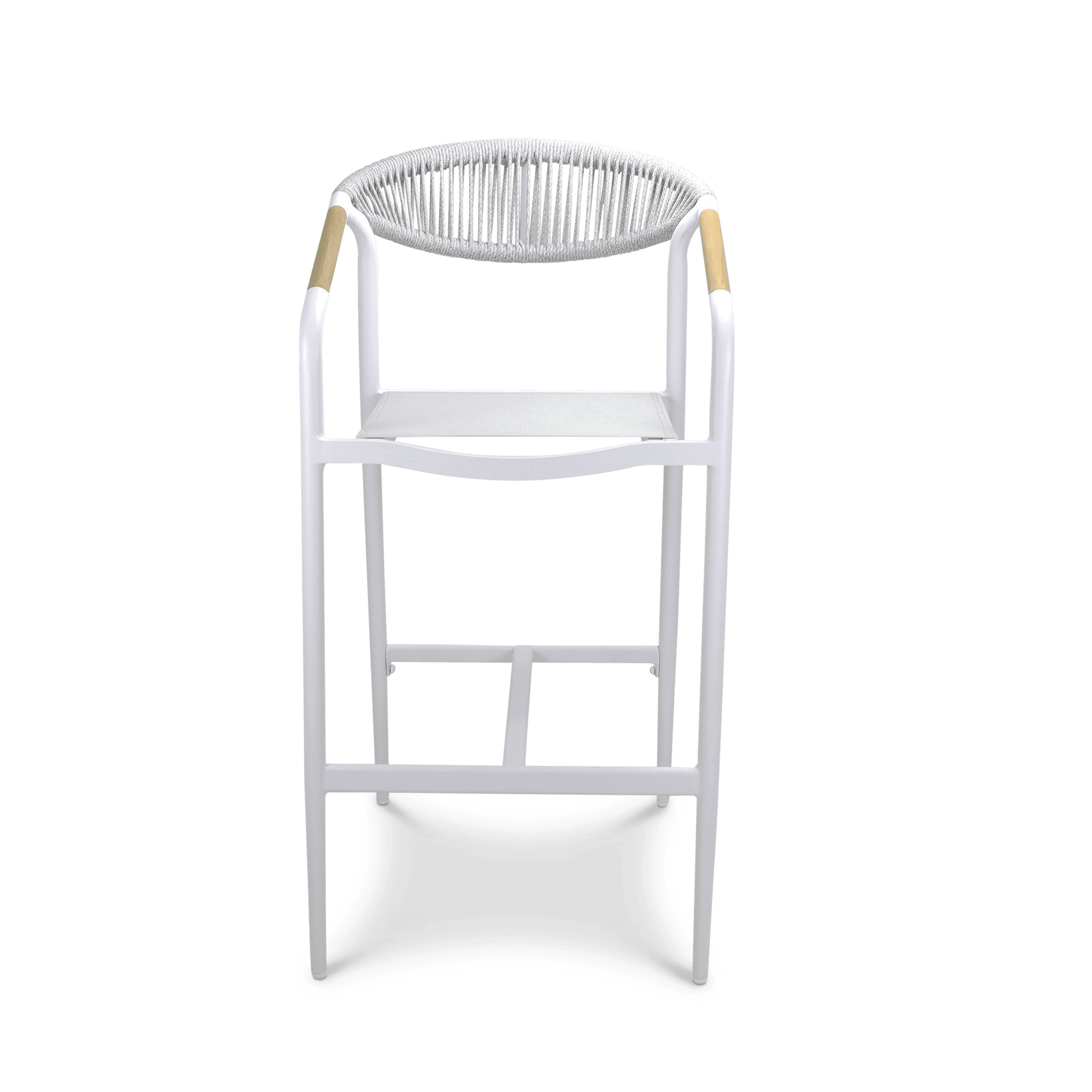 Amalfi Bar Stool in Arctic White Aluminium Frame, Olefin Rope with Polywood Teak Accent and Stone Grey Textilene - The Furniture Shack
