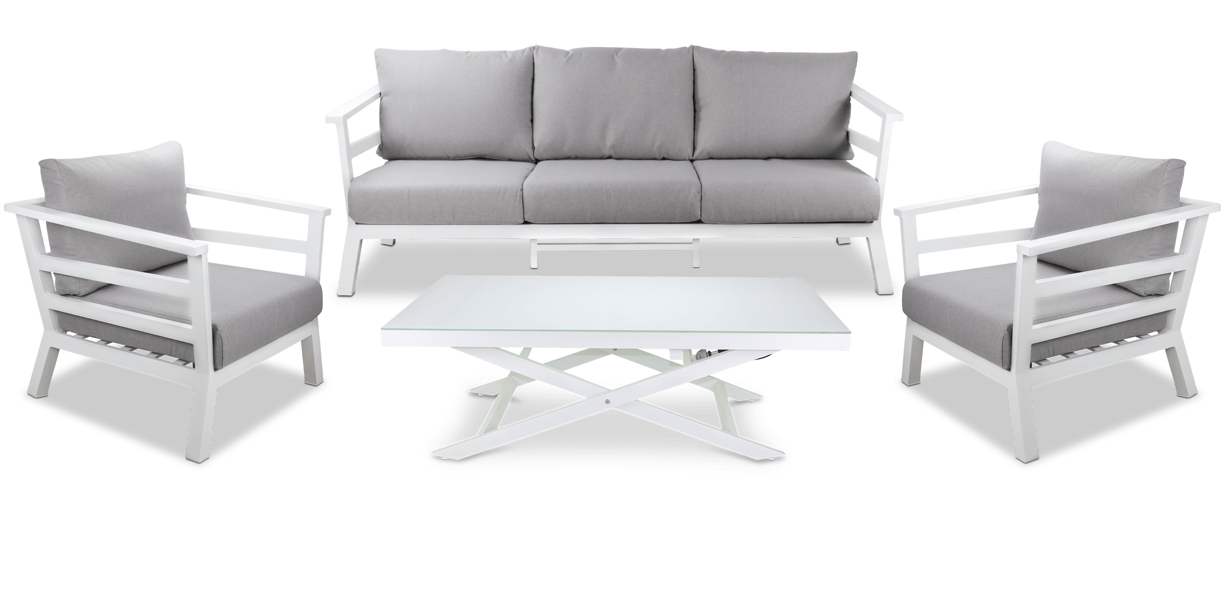 Aveiro 3 Seater with 2x Armchairs and Mykonos Adjustable Coffee Table in Arctic White with Stone Olefin Cushions - The Furniture Shack