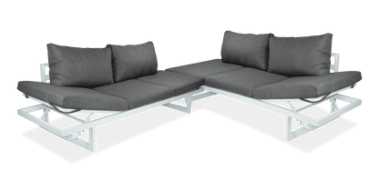 Milan Corner Set with Dual Sunlounger Functionality in Arctic White with Pebble Olefin Cushions - The Furniture Shack