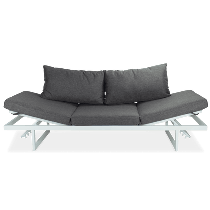 Milan 3 Seater with Dual Sunlounger Functionality in Arctic White Frame and Pebble Olefin Cushions - The Furniture Shack