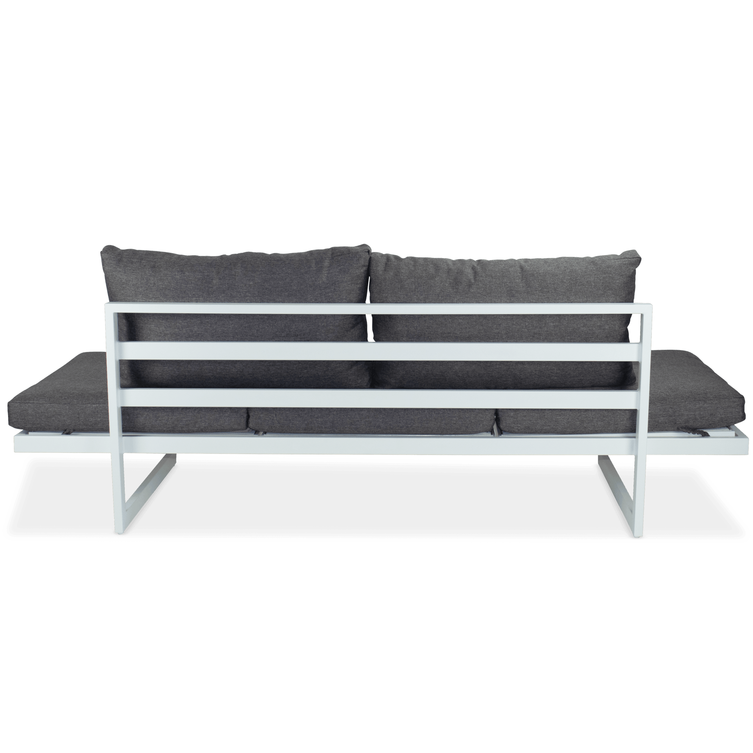 Milan 3 Seater with Dual Sunlounger Functionality in Arctic White Frame and Pebble Olefin Cushions - The Furniture Shack