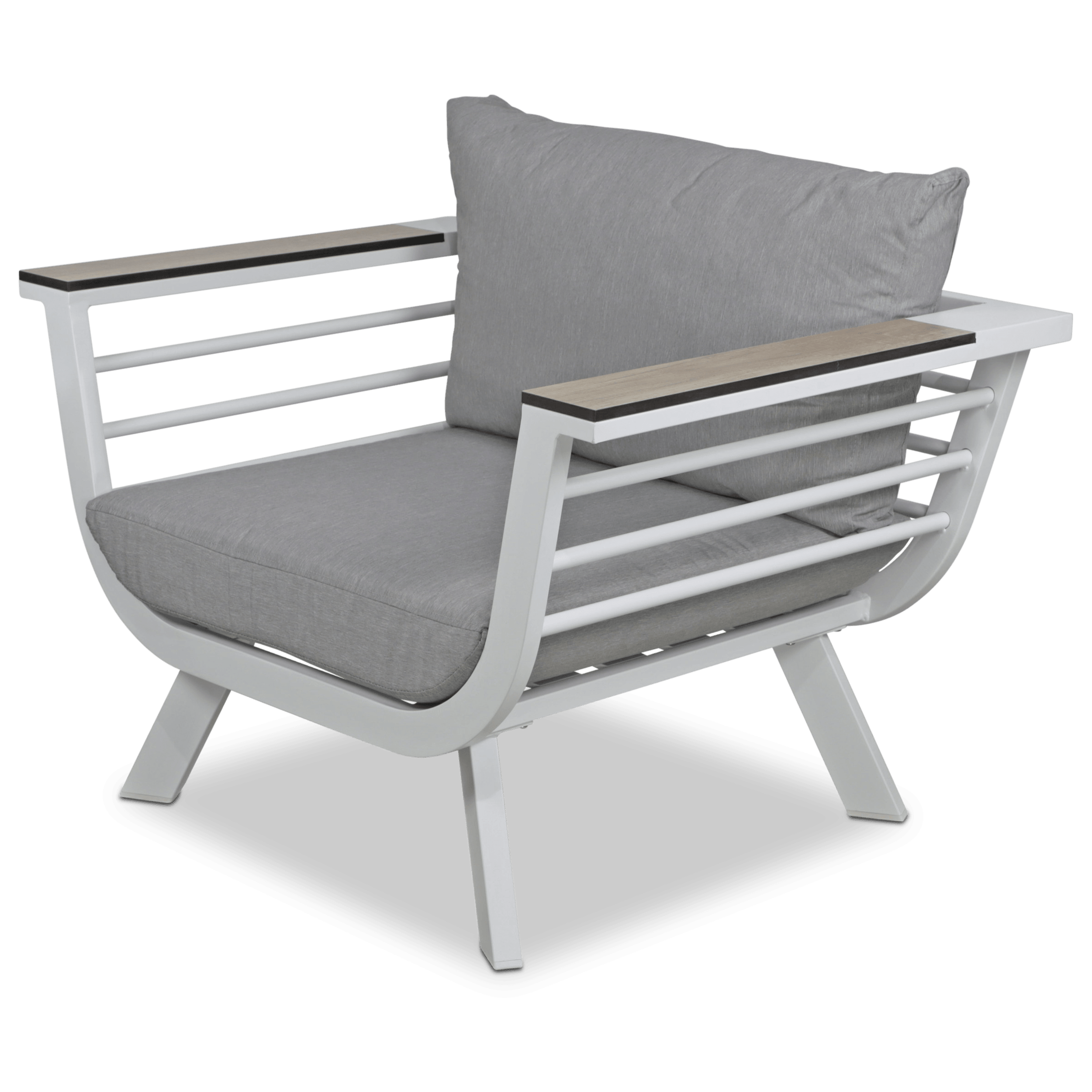 Amalfi Armchair in Arctic White with HPL Accent and Spuncrylic Stone Grey Cushions