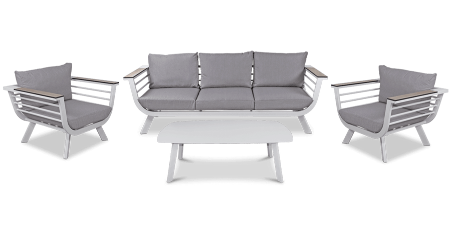 Amalfi 3 Seater with 2x Armchairs & Coffee Table in Arctic White with HPL Accent and Spuncrylic Stone Grey Cushions