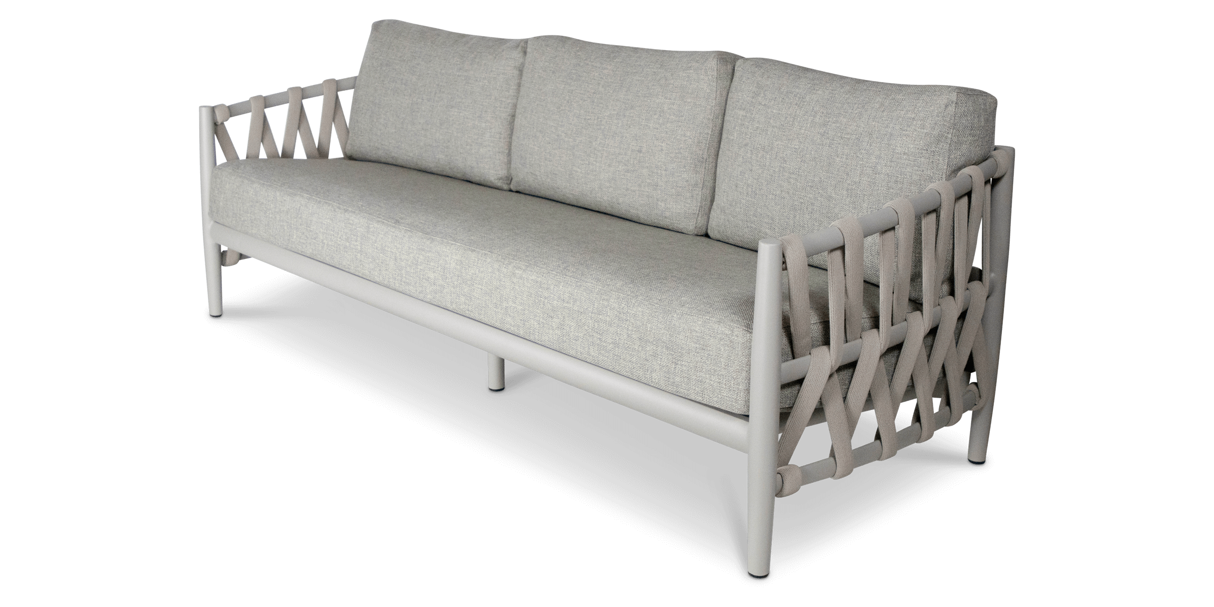 Kirra 3 Seater, 2 x Armchair, Coffee and Side Table in Silk Beige with Smoke Olefin Cushions and Rope