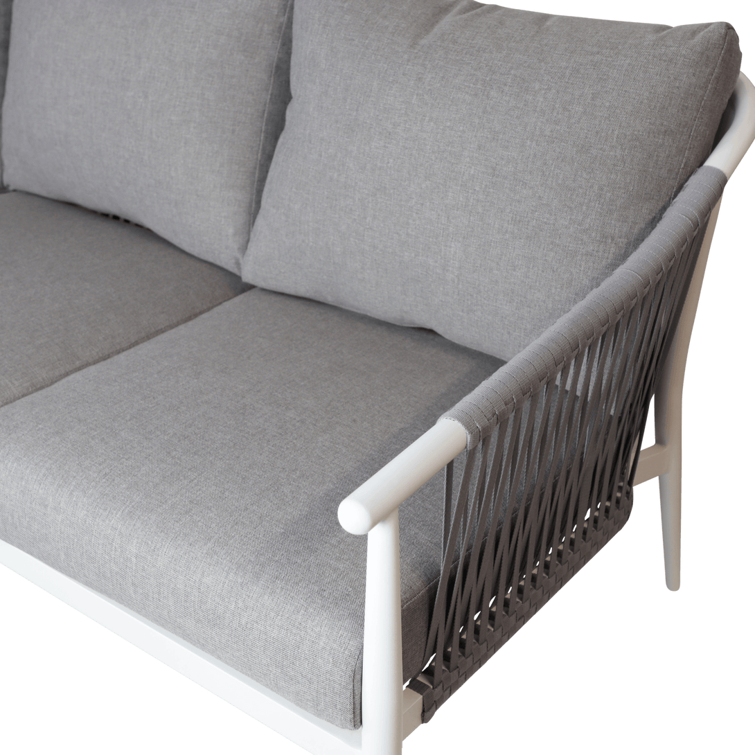 Marbella 3 Seater, 2 x Armchair and Coffee Table Set of 2 in Arctic White with Sahara Olefin Cushions and Pewter Rope - The Furniture Shack