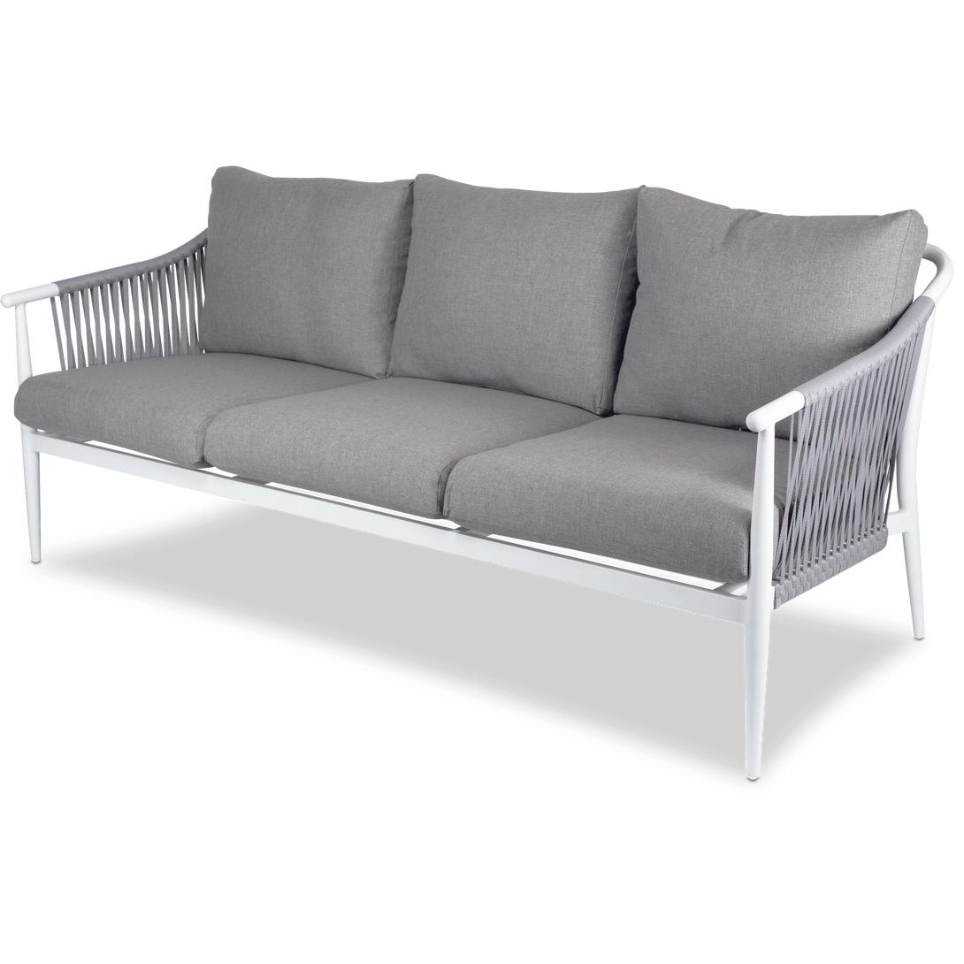 Marbella 3 Seater, 2 x Armchair and Coffee Table Set of 2 in Arctic White with Sahara Olefin Cushions and Pewter Rope - The Furniture Shack