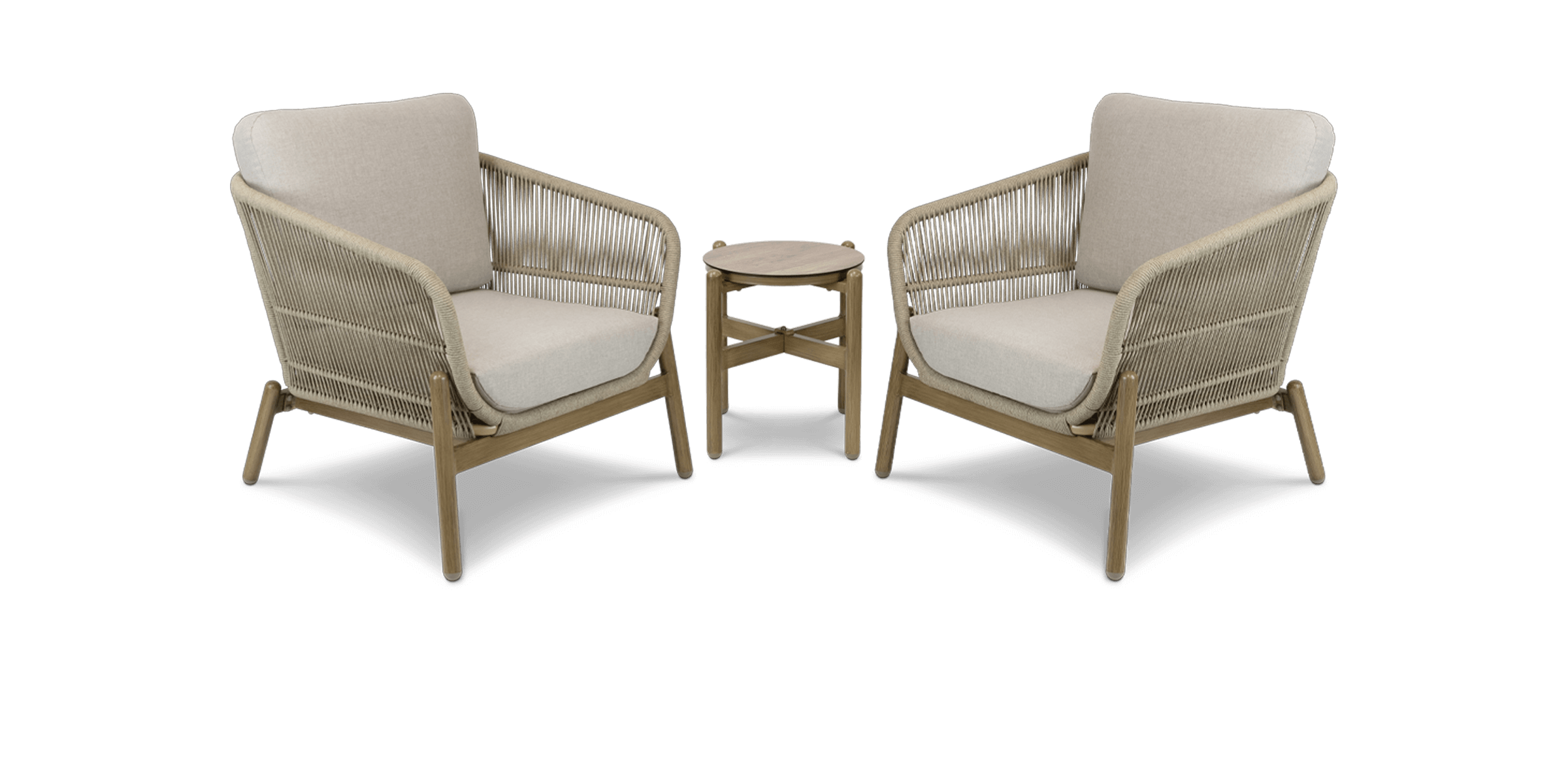 Tahiti 3pc Occasional Set with Eco Olefin Rope, Sahara Sand Spunpoly Cushions and Aluminium Frame