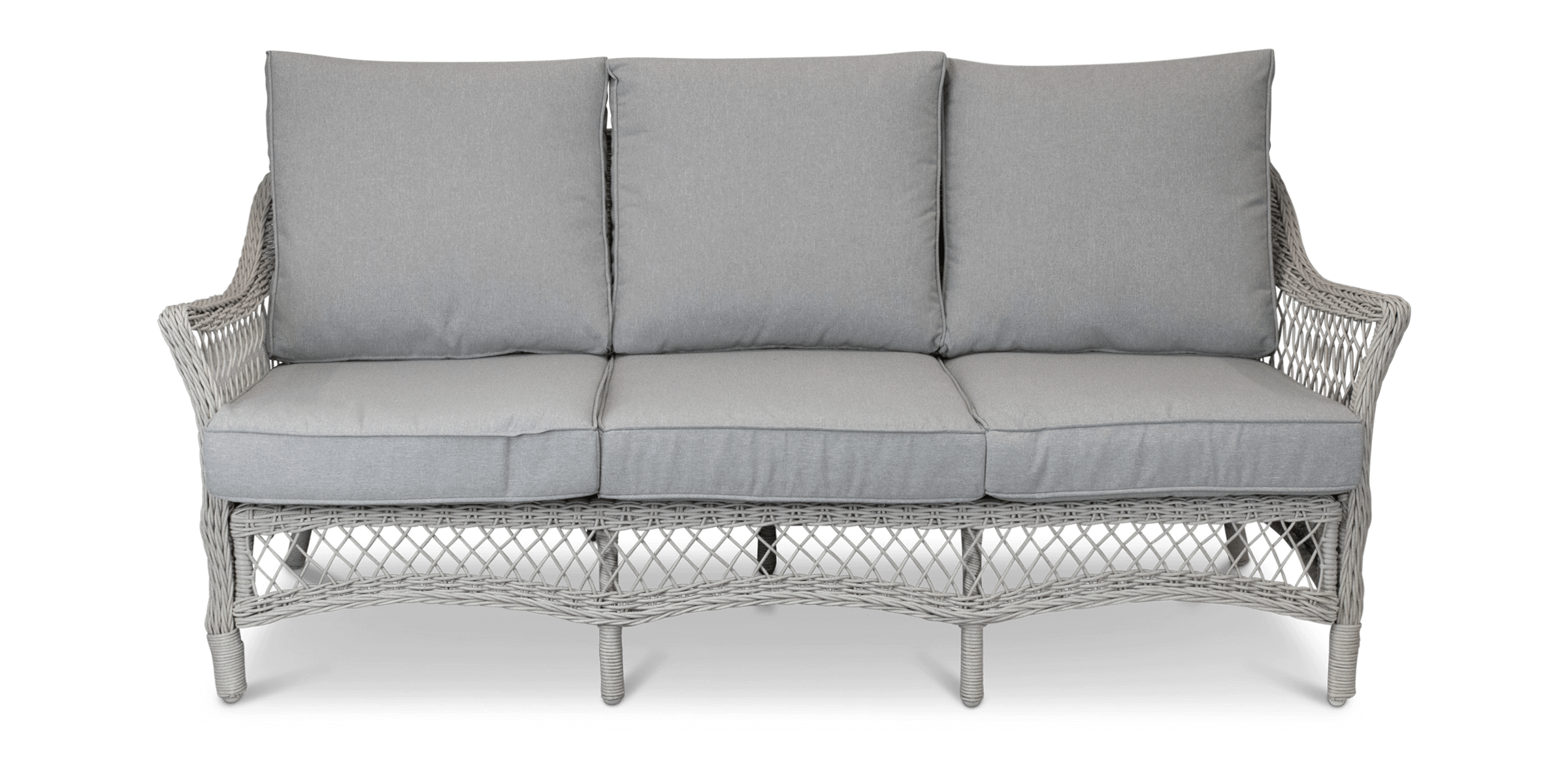 Hamptons Outdoor Wicker Lounge with 3 Seater, 2 x Armchairs, Coffee & Side Table in Dune Spunpoly Cushions