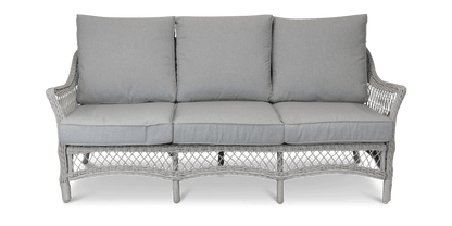 Hamptons Outdoor Wicker Lounge with 3 Seater, 2 x Armchairs, Coffee & Side Table in Dune Spunpoly Cushions