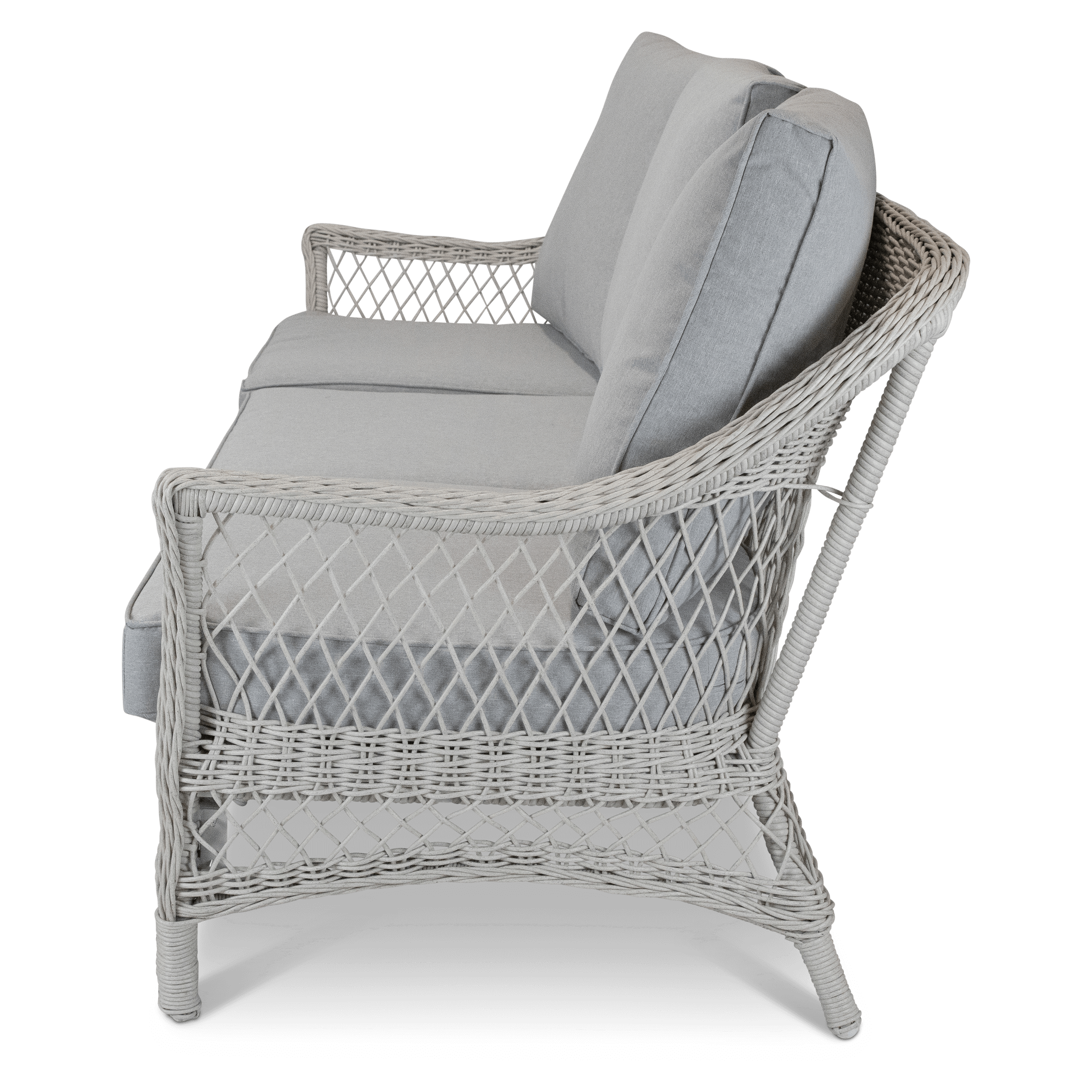 Hamptons Outdoor Wicker Lounge with 3 Seater, 2 x Armchairs, Coffee & Side Table in Dune Spunpoly Cushions