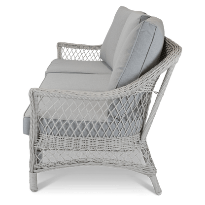 Hamptons Outdoor Wicker Lounge with 3 Seater, 2 x Armchairs, Coffee & Side Table in Dune Spunpoly Cushions