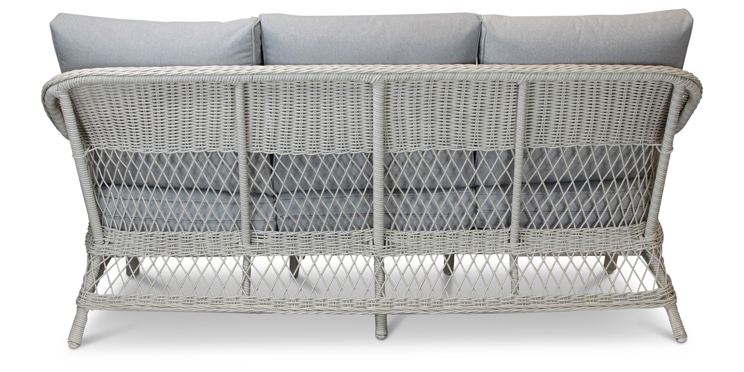 Hamptons Outdoor Wicker Lounge with 3 Seater, 2 x Armchairs and Coffee Table in Dune Spunpoly Cushions