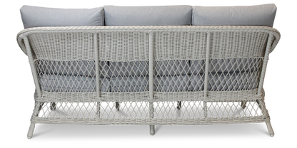 Hamptons Outdoor Wicker Lounge with 3 Seater, 2 x Armchairs and Coffee Table in Dune Spunpoly Cushions