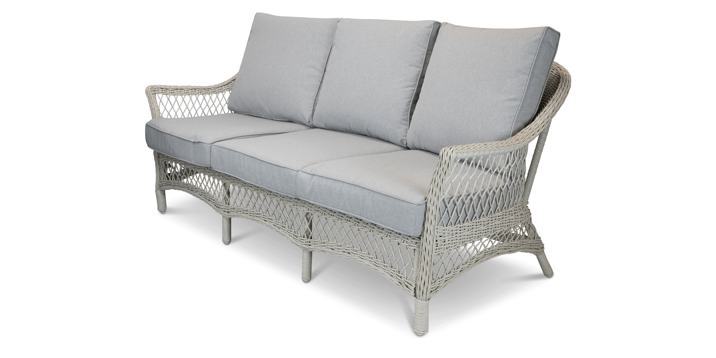 Hamptons Outdoor Wicker Lounge with 3 Seater, 2 x Armchairs, Coffee & Side Table in Dune Spunpoly Cushions