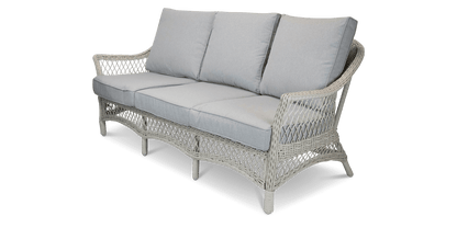 Hamptons Outdoor Wicker Lounge with 3 Seater, 2 x Armchairs, Coffee & Side Table in Dune Spunpoly Cushions