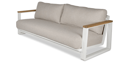 Aruba 3 Seater with Synthetic Leather Inset, Teak Arms, Stone Olefin Cushions and Aluminium Frame