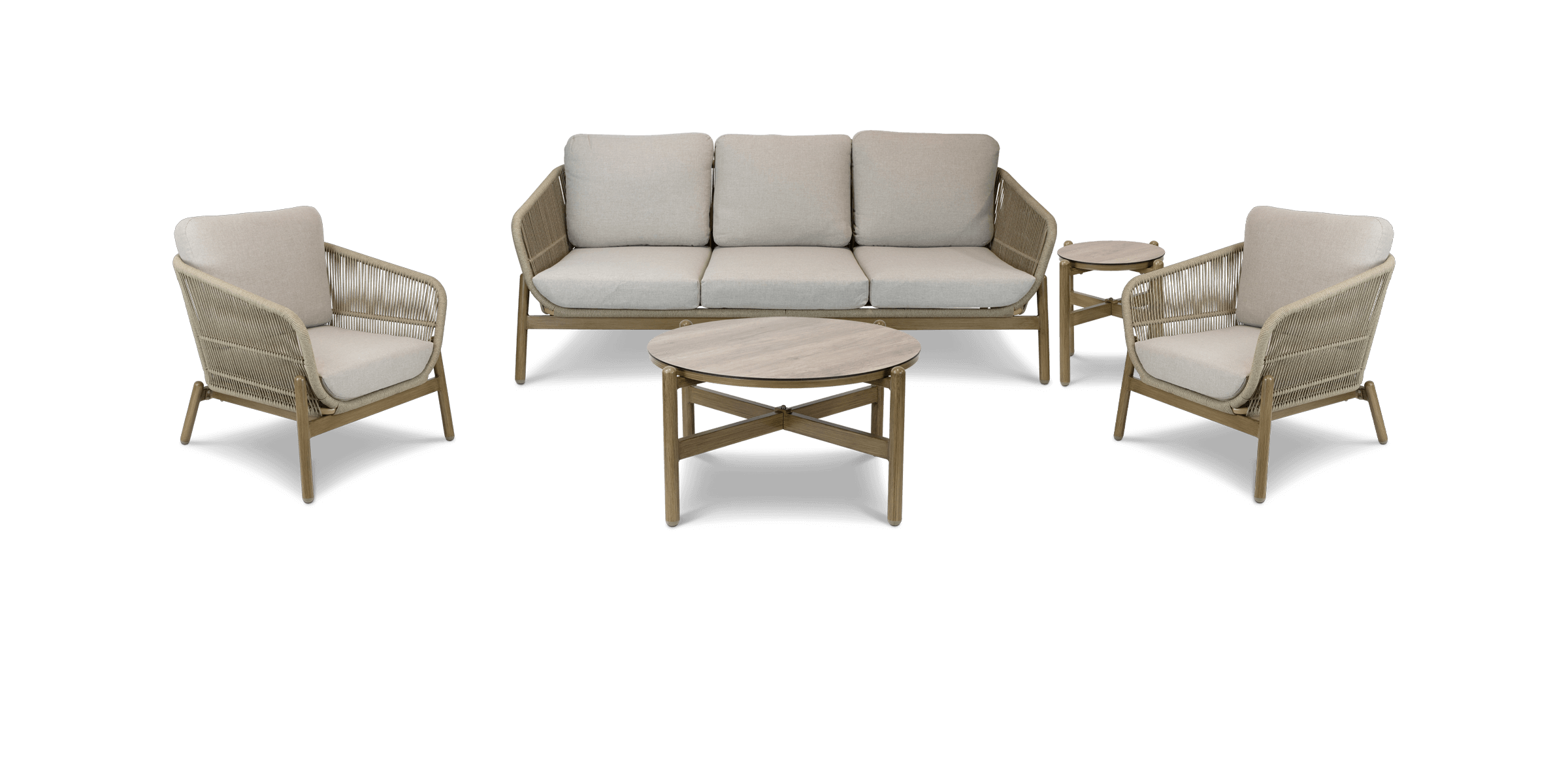 Tahiti Outdoor 3 Seater, 2 x Armchair, Coffee & Side Table in Aluminium and Rope