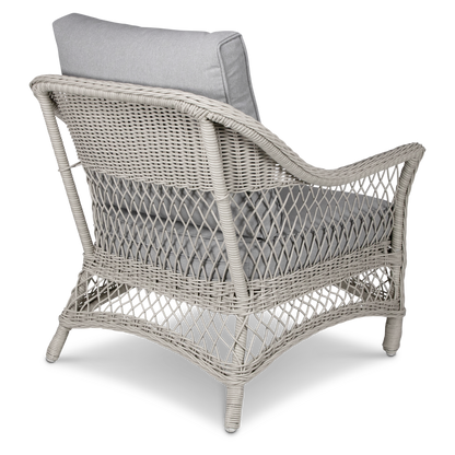 Hamptons Outdoor Wicker Lounge with 3 Seater, 2 x Armchairs, Coffee & Side Table in Dune Spunpoly Cushions