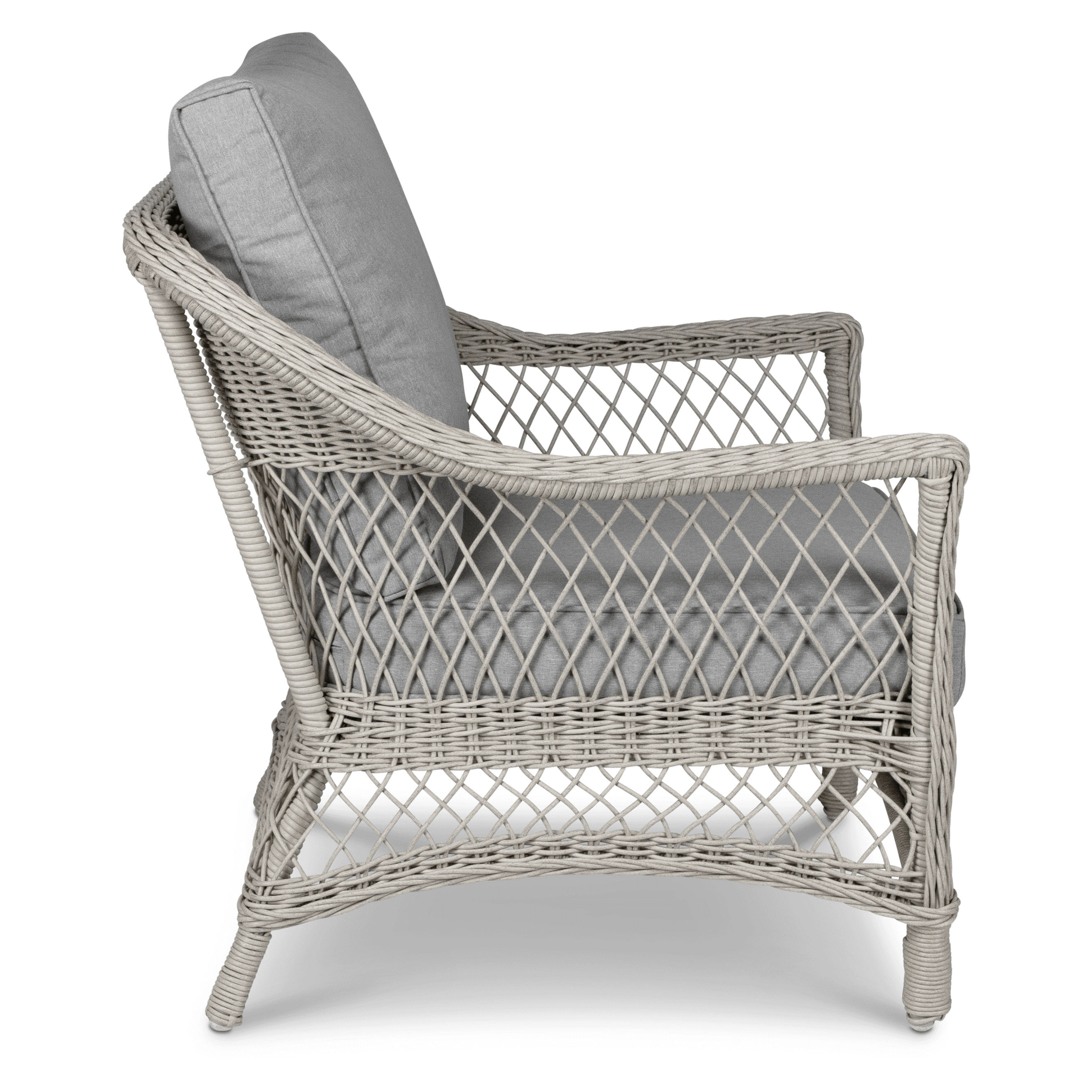 Hamptons Outdoor Wicker Lounge with 3 Seater, 2 x Armchairs, Coffee & Side Table in Dune Spunpoly Cushions