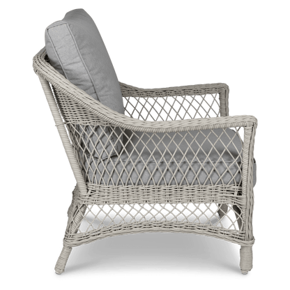 Hamptons Outdoor Wicker Lounge with 3 Seater, 2 x Armchairs, Coffee & Side Table in Dune Spunpoly Cushions