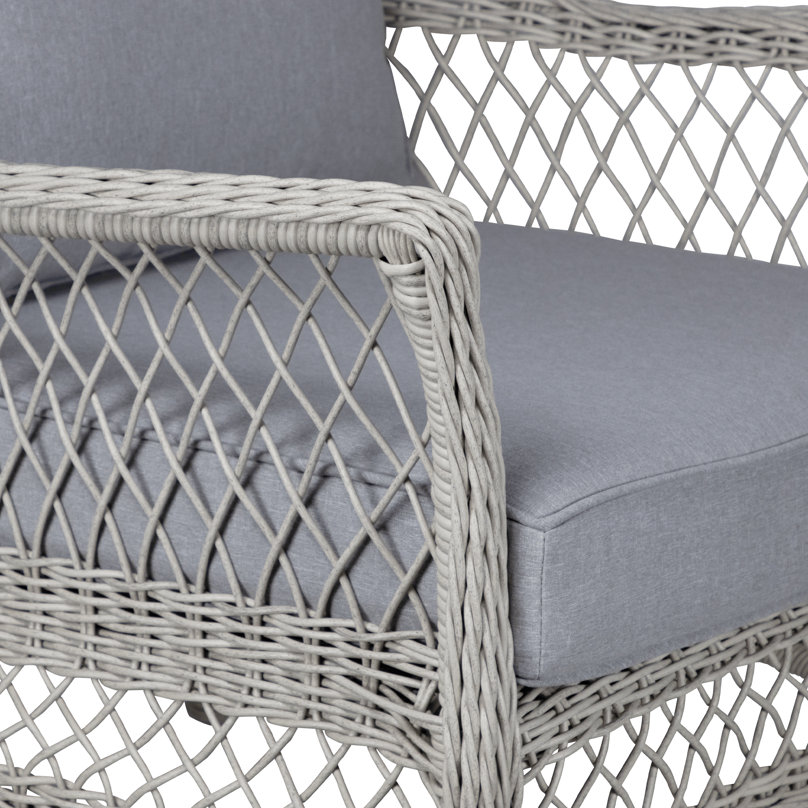Hamptons Outdoor Wicker Lounge with 3 Seater, 2 x Armchairs, Coffee & Side Table in Dune Spunpoly Cushions