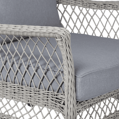 Hamptons Outdoor Wicker Lounge with 3 Seater, 2 x Armchairs, Coffee & Side Table in Dune Spunpoly Cushions