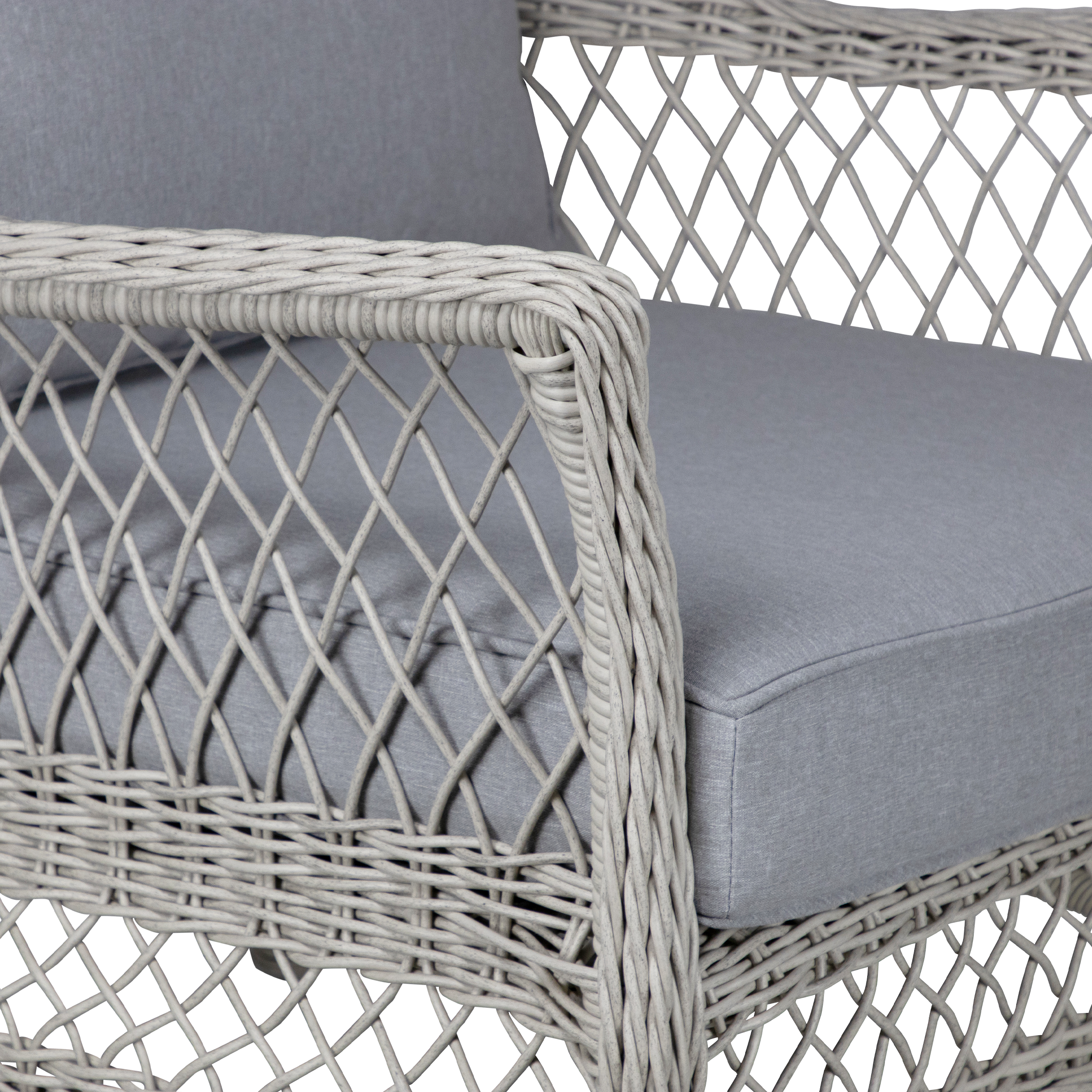 Hamptons Outdoor Wicker Lounge with 3 Seater, 2 x Armchairs and Coffee Table in Dune Spunpoly Cushions