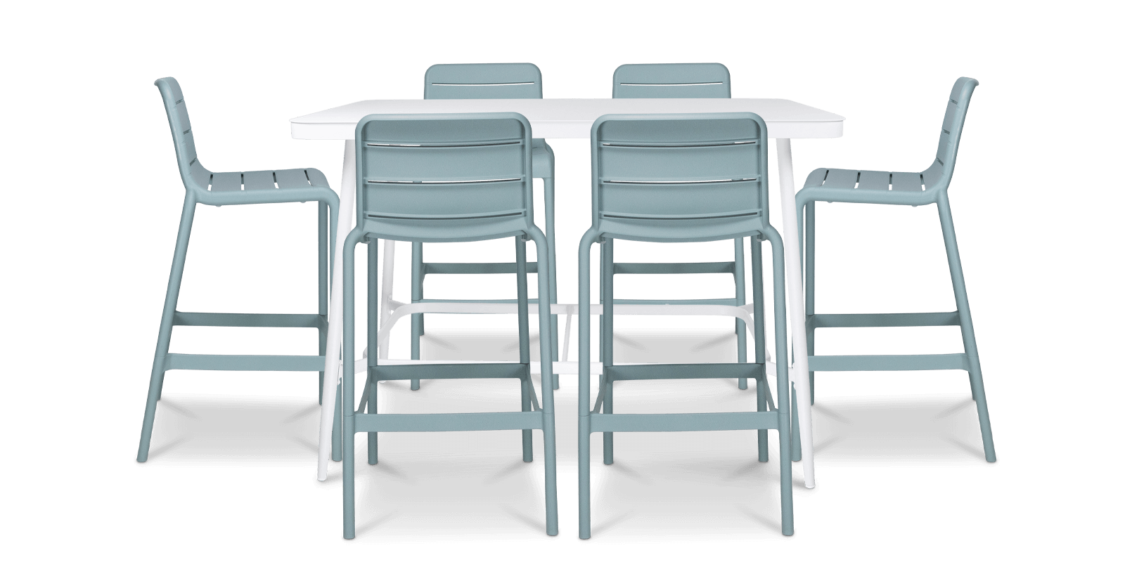 Amalfi 7pc Bar Suite in Arctic White with UV Plastic Outdoor Bar Stools