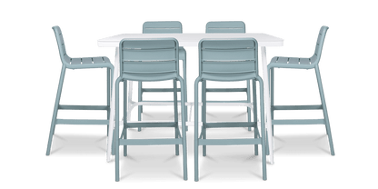 Amalfi 7pc Bar Suite in Arctic White with UV Plastic Outdoor Bar Stools