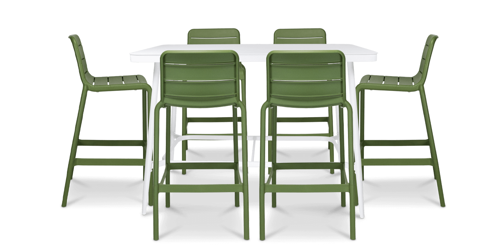 Amalfi 7pc Bar Suite in Arctic White with UV Plastic Outdoor Bar Stools