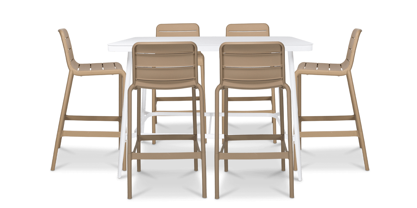 Amalfi 7pc Bar Suite in Arctic White with UV Plastic Outdoor Bar Stools
