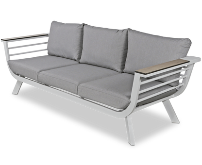 Amalfi 3 Seater in Arctic White with HPL Accent and Spuncrylic Stone Grey Cushions - The Furniture Shack