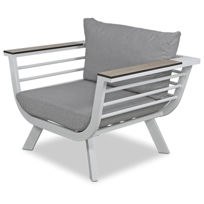 Amalfi Armchair in Arctic White with HPL Accent and Spuncrylic Stone Grey Cushions - The Furniture Shack