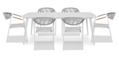 Amalfi Rectangle 7 Piece Outdoor Setting in Arctic White with Rope Chairs - The Furniture Shack