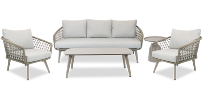 Antigua Outdoor 3 Seater, 2 x Armchairs, Coffee & Side Table in Aluminium and Rope
