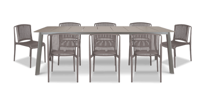 Antigua Rectangle 9pc Outdoor Dining Setting in Taupe with UV Plastic Outdoor Dining Chairs