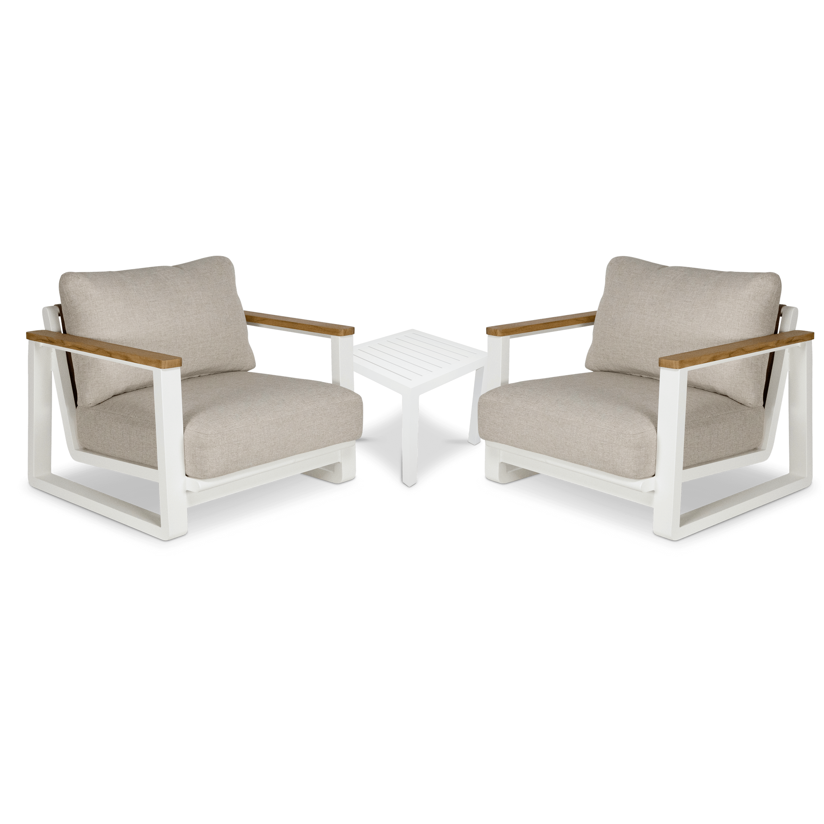 Aruba 3pc Occasional Set with Synthetic Leather Inset, Teak Arms, Stone Olefin Cushions and Aluminium Frame