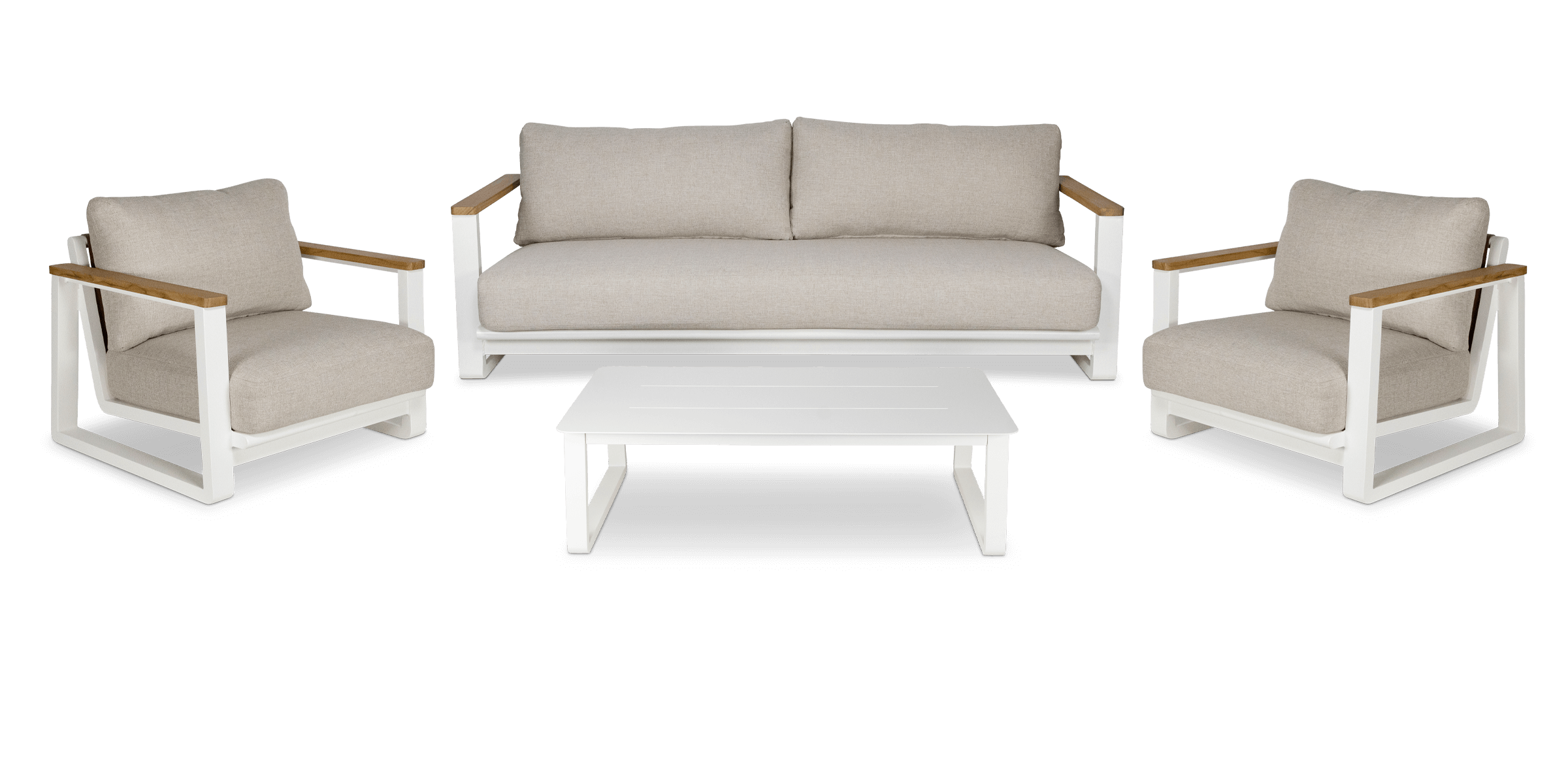 Aruba 4pc Lounge Set with Synthetic Leather Inset, Teak Arms, Stone Olefin Cushions and Aluminium Frame