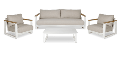 Aruba 4pc Lounge Set with Synthetic Leather Inset, Teak Arms, Stone Olefin Cushions and Aluminium Frame