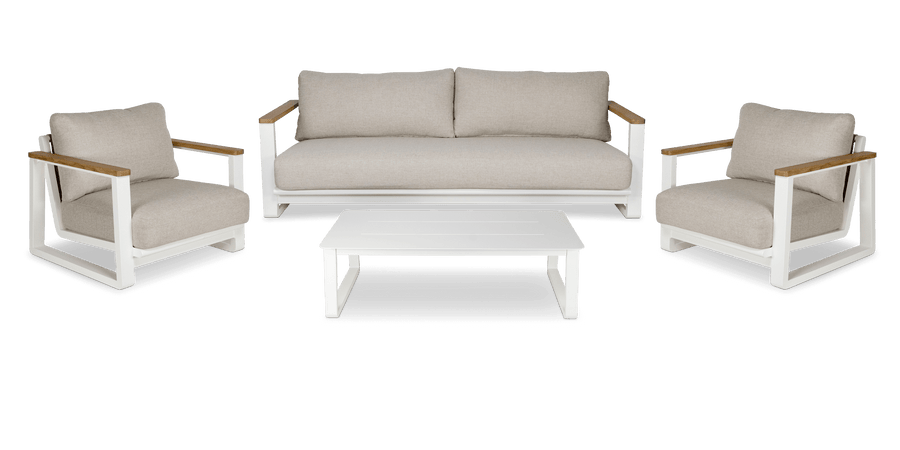Aruba 4pc Lounge Set with Synthetic Leather Inset, Teak Arms, Stone Olefin Cushions and Aluminium Frame
