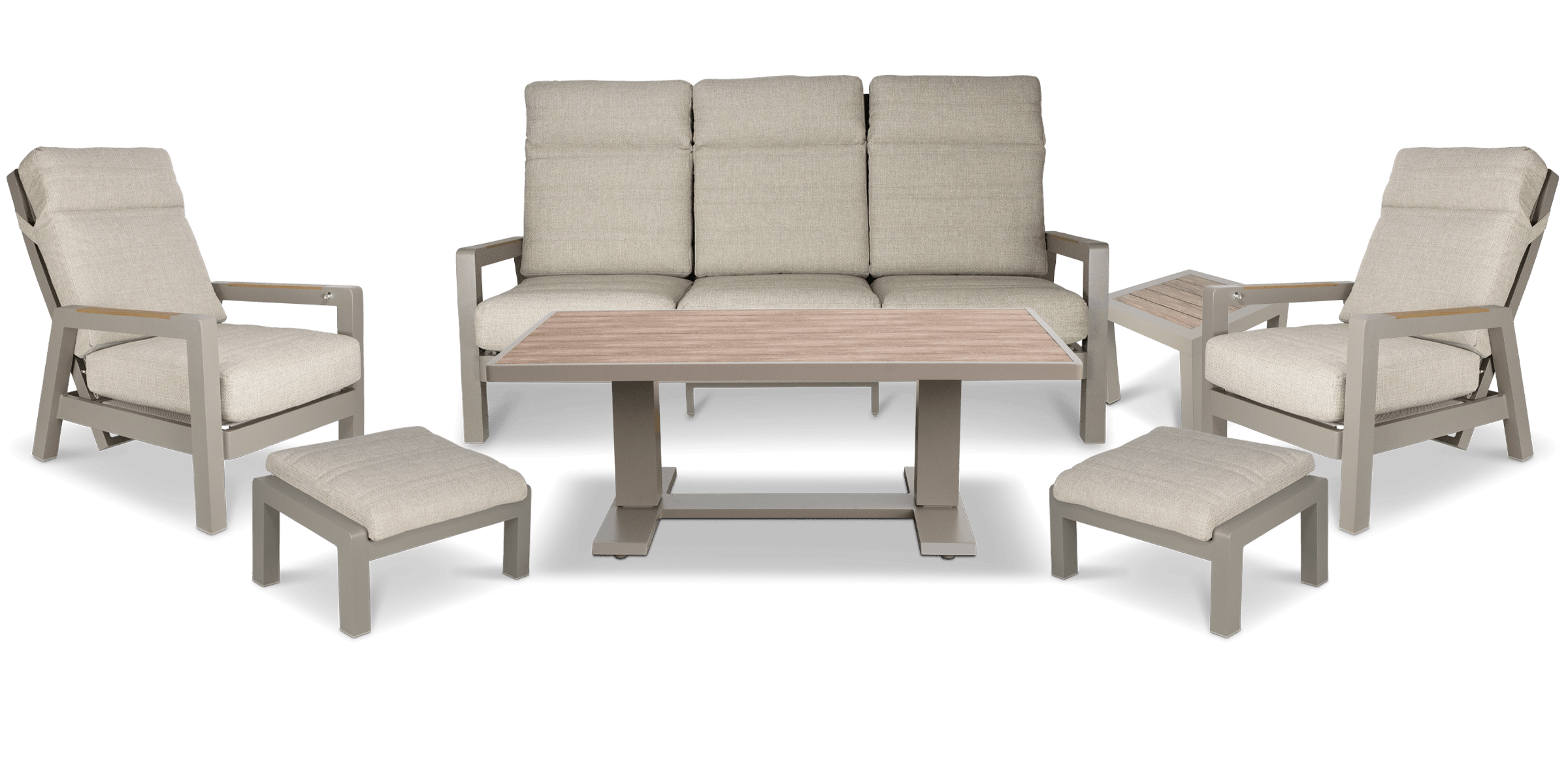 Atlanta 7pc Lounge Set with recline function in Taupe with Latte Spun Polyester Cushions and Polywood Accent