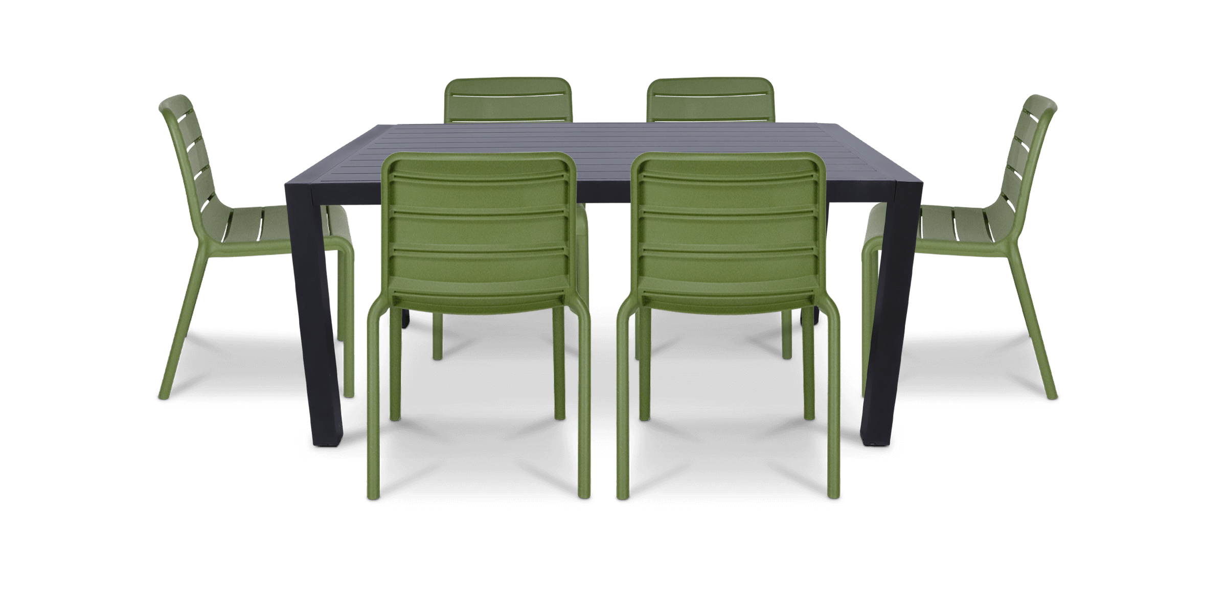 Bahamas Rectangle 7 Piece Outdoor Setting in Gunmetal with Aura UV Plastic Outdoor Chairs (PP)