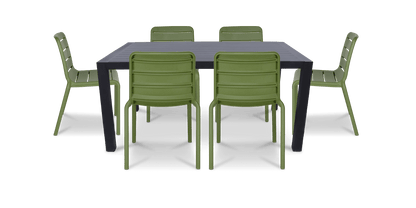 Bahamas Rectangle 7 Piece Outdoor Setting in Gunmetal with Aura UV Plastic Outdoor Chairs (PP)