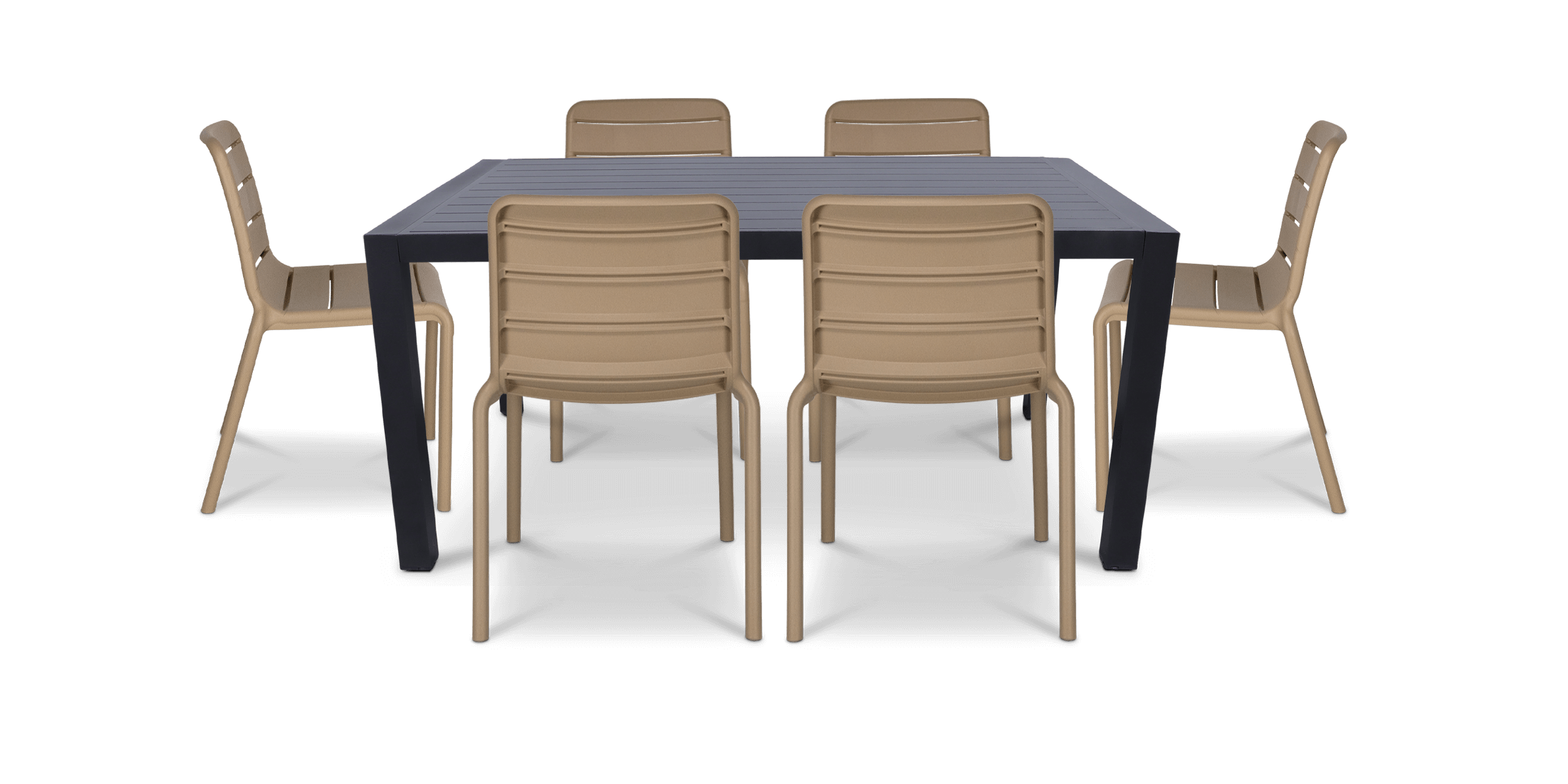 Bahamas Rectangle 7 Piece Outdoor Setting in Gunmetal with Aura UV Plastic Outdoor Chairs (PP)