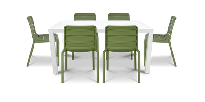 Bahamas Rectangle 7 Piece Outdoor Setting in Arctic White with Aura UV Plastic Outdoor Chairs (PP)