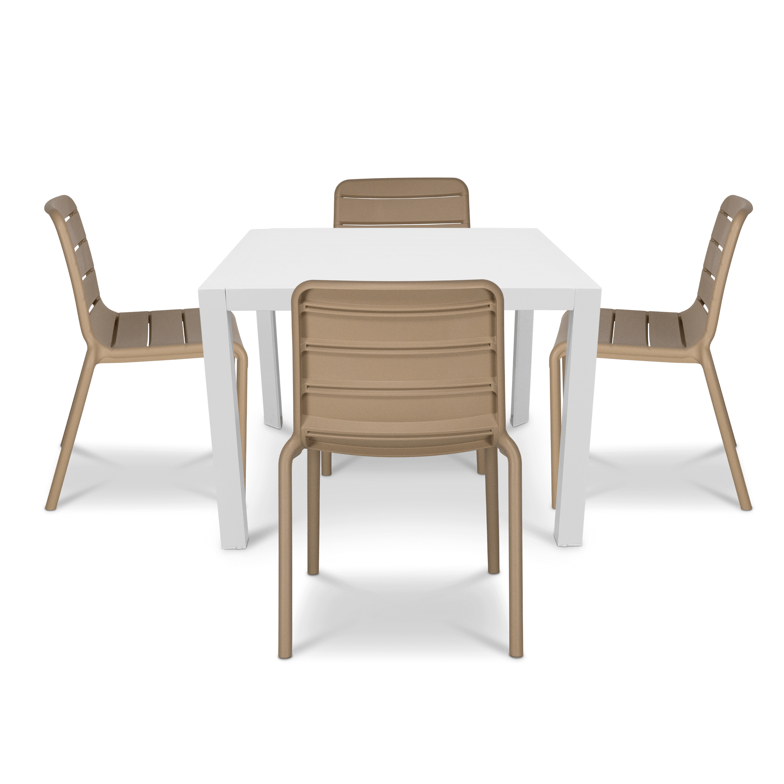 Bahamas Square Cafe 5 Piece Outdoor Setting in Arctic White with Aura UV Plastic Outdoor Chairs (PP)