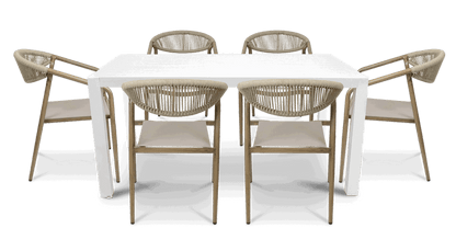 Bahamas Rectangle 7 Piece Outdoor Setting in Arctic White with Rope Chairs - The Furniture Shack