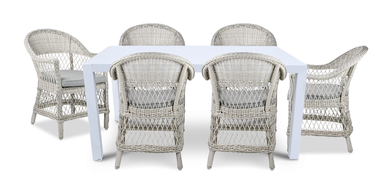 Bahamas Rectangle 7 Piece Outdoor Setting in Arctic White with Wicker Chairs - The Furniture Shack
