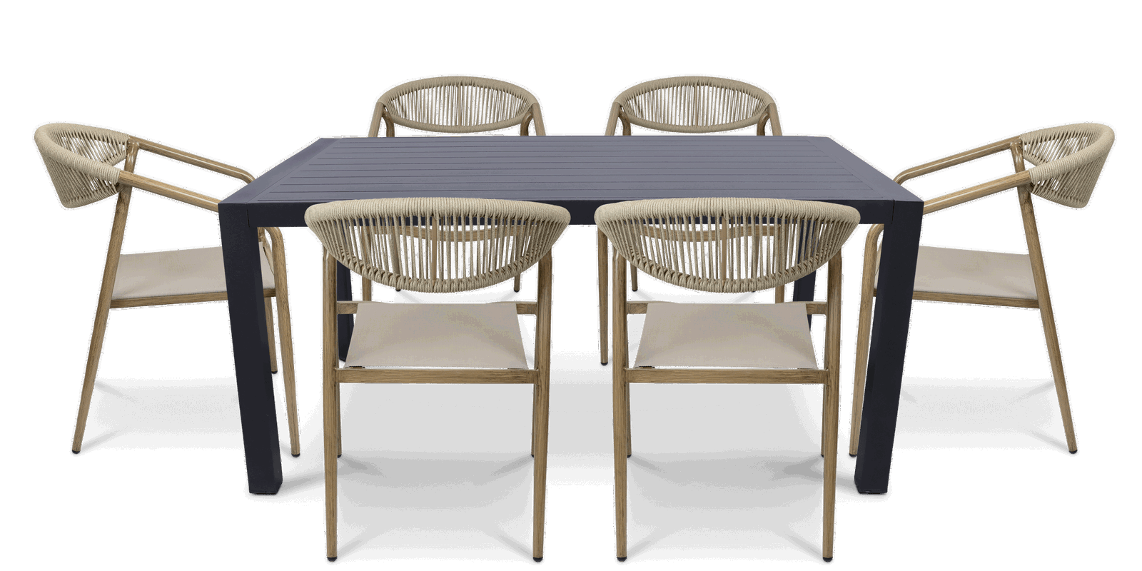 Bahamas Rectangle 7 Piece Outdoor Setting in Gunmetal with Rope Chairs - The Furniture Shack